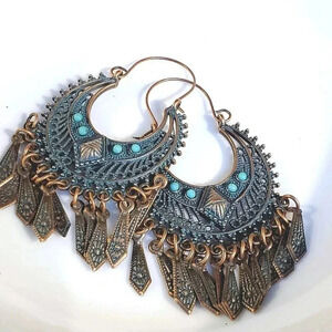 Antique Copper Verdigris Blue Green Patina Edgy Geometric Dangles Earrings